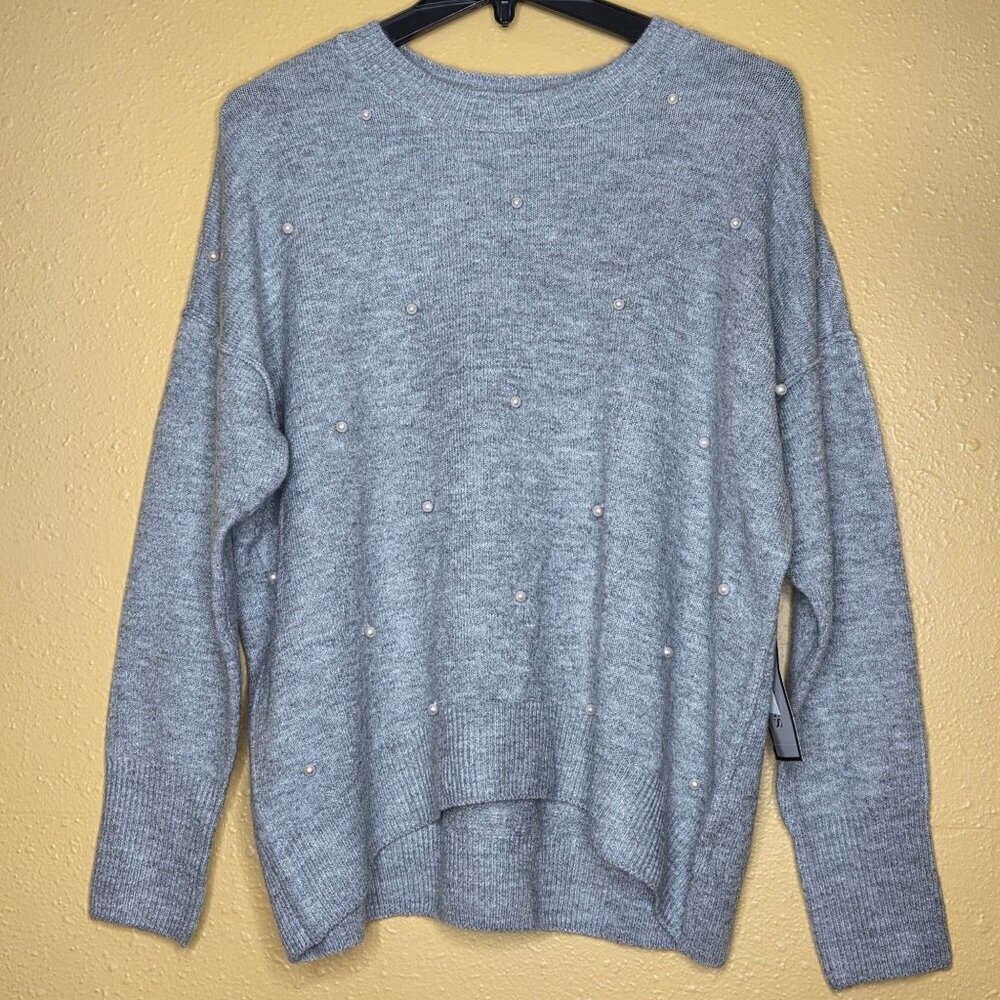 Sam & Jess Crewneck Embellished Pearl Long-Sleeve Sweater